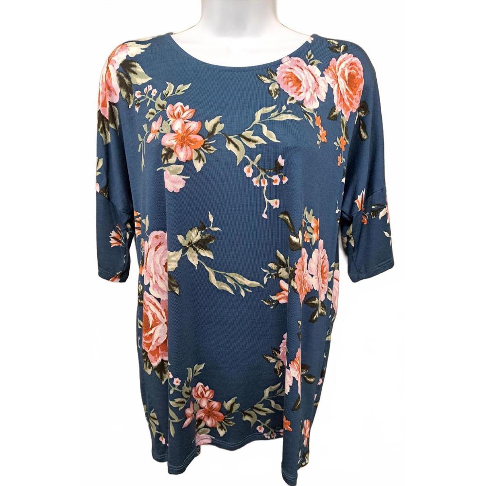 NEW PERFECT PEACH women's floral short sleeved tee in blue